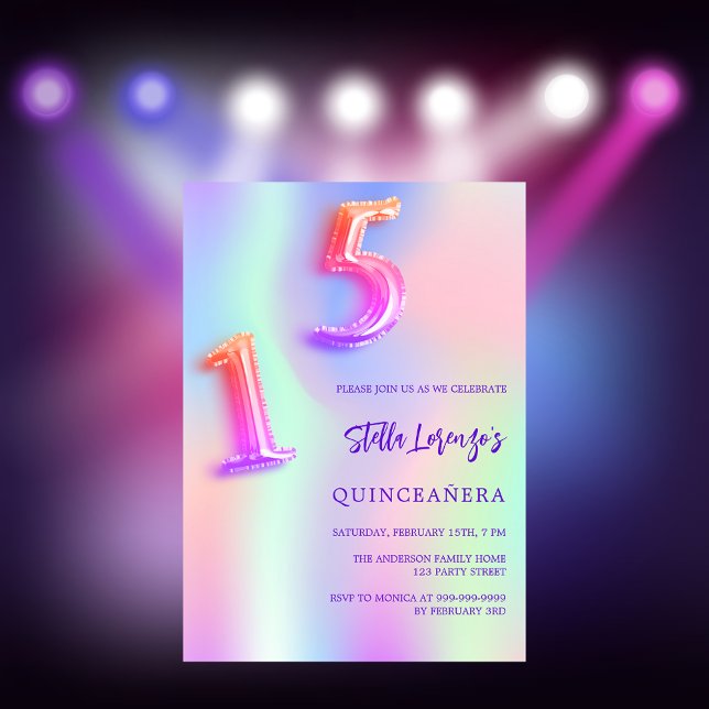 Holographic pink purple Quinceanera Invitation (Creator Uploaded)