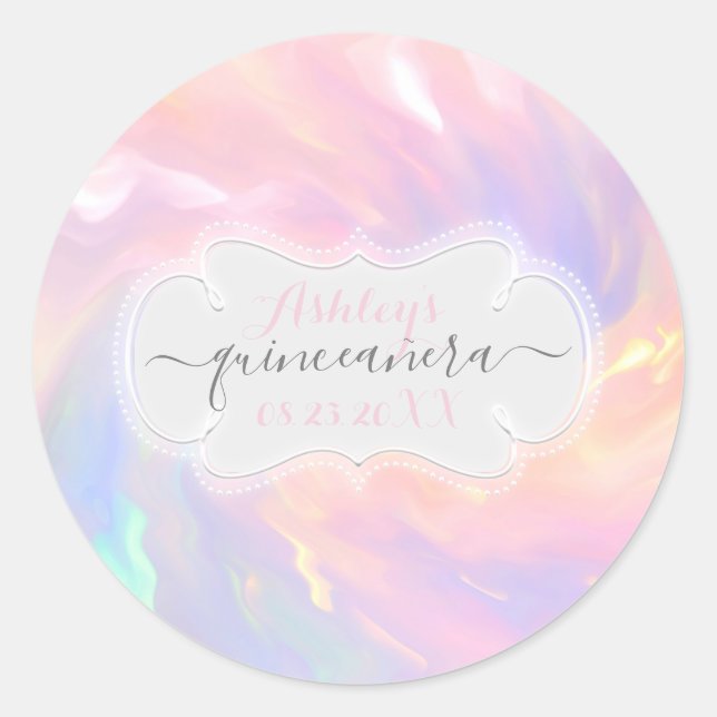 Holographic Princess Pink Name Date Quinceañera Classic Round Sticker (Front)