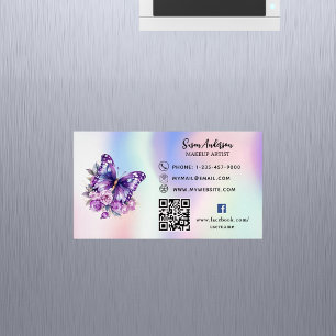 Holographic purple butterfly QR code Facebook Magnetic Business Card
