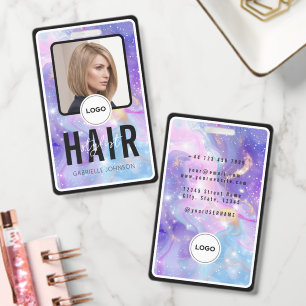 Holographic Purple Galaxy Hair Stylist Photo Logo  ID Badge