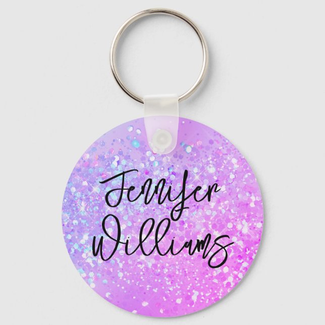 Holographic Purple Glitter Custom Name Script Key Ring (Front)
