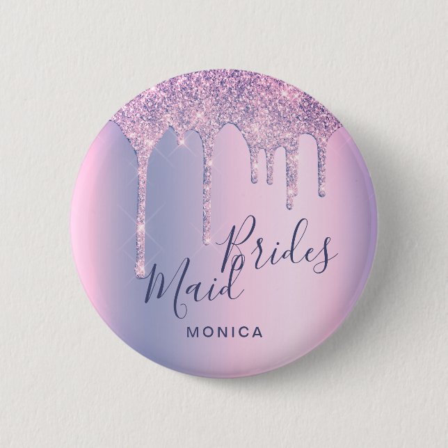 Holographic purple glitter drips bridesmaid 6 cm round badge (Front)