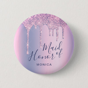 Holographic purple glitter drips maid of honour 6 cm round badge