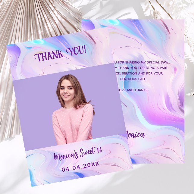 Holographic purple photo Sweet 16 thank you card (Creator Uploaded)