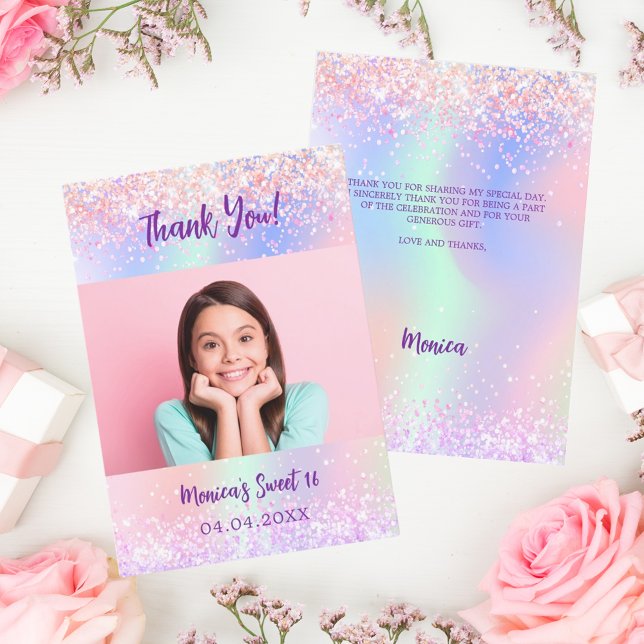 Holographic purple photo Sweet 16 thank you card (Creator Uploaded)