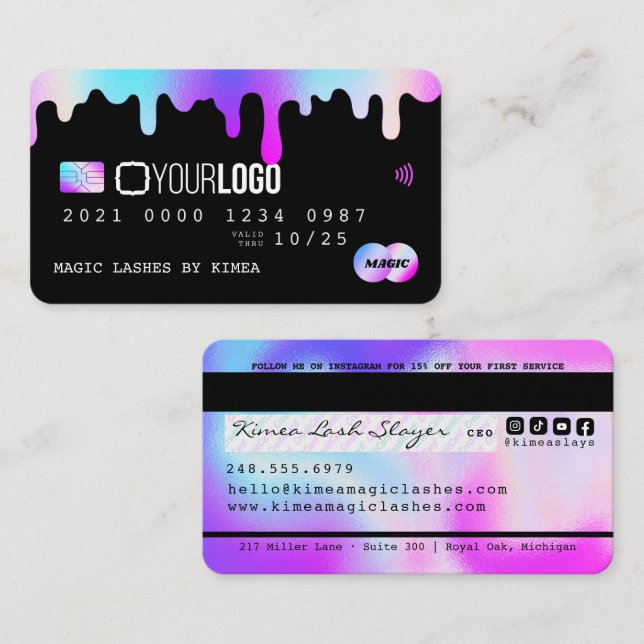 Holographic Purple & Pink Logo Credit Style  Business Card (Front/Back)