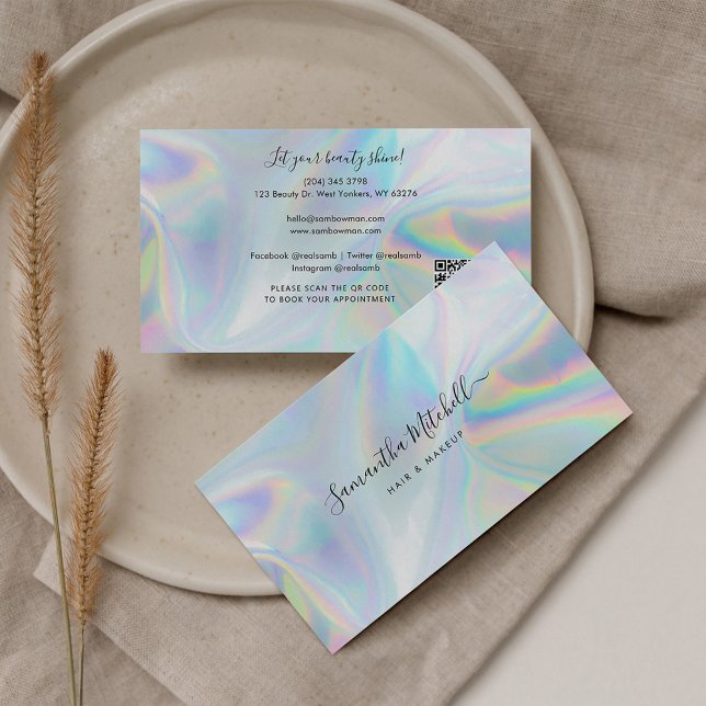 Holographic QR Code Beautician Makeup Artist Business Card (Modern QR Code Holographic Script Euro Business Card)
