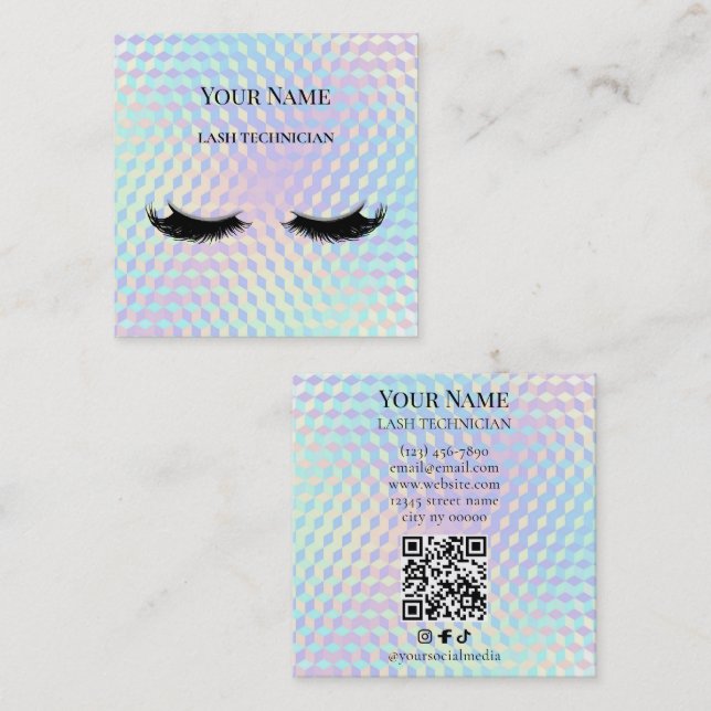 Holographic QR code Beige and Gold Lash Technician Square Business Card (Front/Back)