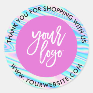 Holographic rainbow custom logo pink thank you classic round sticker