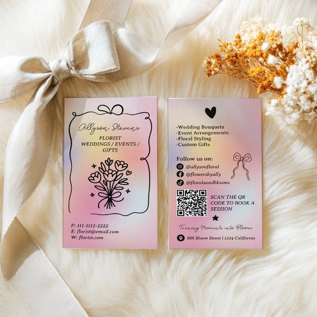 Holographic rainbow Doodles Florist Artist QR Code Business Card (Holographic rainbow Doodles Florist Artist QR Code Business Card)