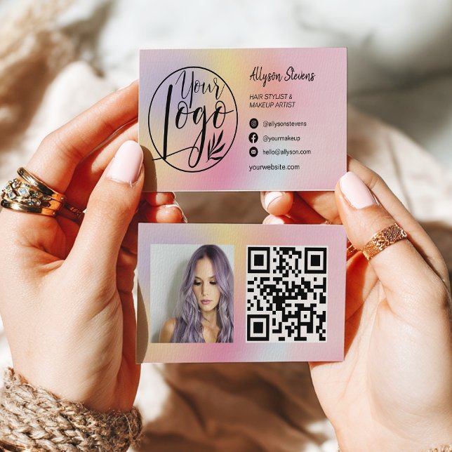Holographic rainbow hair makeup photo logo qr code business card (Holographic rainbow hair makeup photo logo qr code business card)