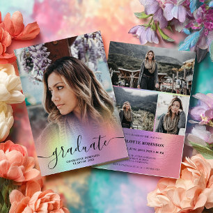 Holographic Rainbow Ombre Graduation 2026 4-Photo Invitation