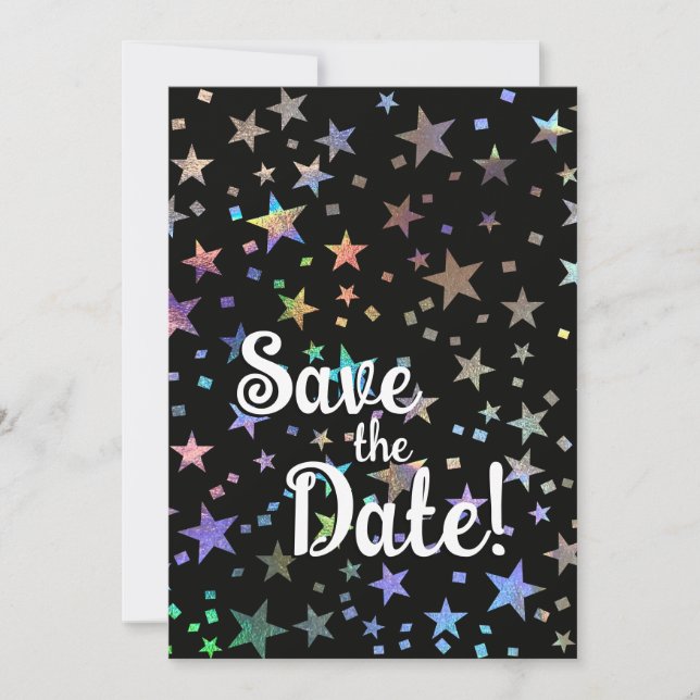 Holographic Rainbow Stars Gay Pride Wedding  Save The Date (Front)