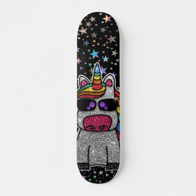 Holographic Rainbow Unicorn Sparkly Stars Magical Skateboard (Front)