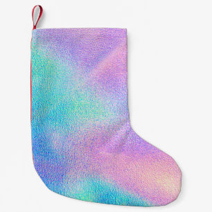 Holographic real texture in blue pink green colors small christmas stocking