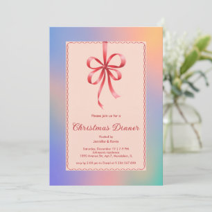 Holographic Red Bow Elegant Christmas Dinner Holiday Card