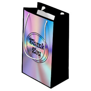  holographic retro groovy script  thank you black small gift bag