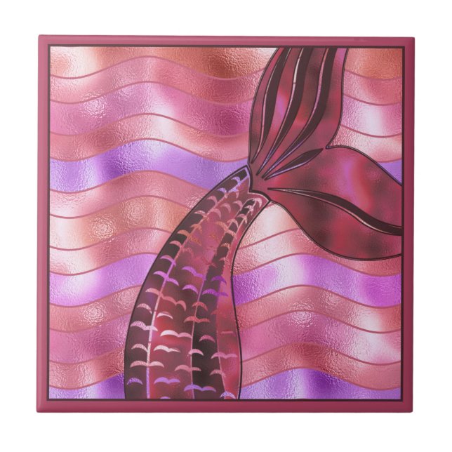 Holographic Rose Gold Copper Mermaid Tail Waves Tile (Front)