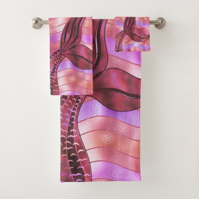 Holographic Rose Gold Mermaid Tail Waves Beach Bath Towel Set (Insitu)