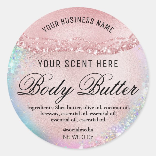 Holographic Rose Gold Pastel Pink Body Butter Classic Round Sticker (Front)