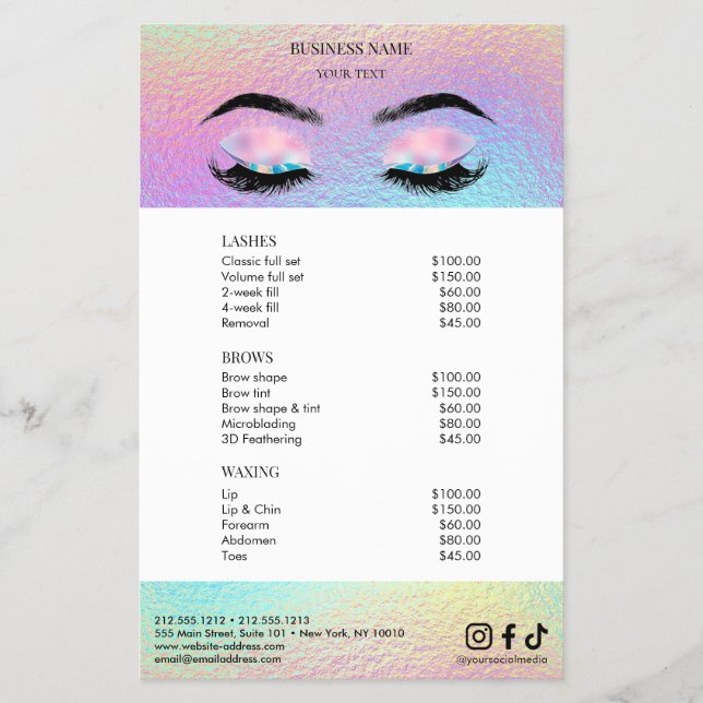 Holographic Salon Price List Menu (Front)