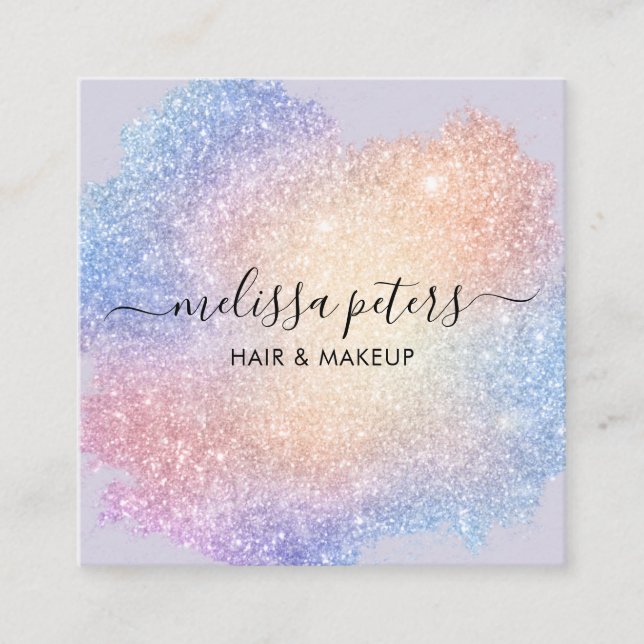Holographic Script Modern Glitter Sparkle Square Business Card (Front)