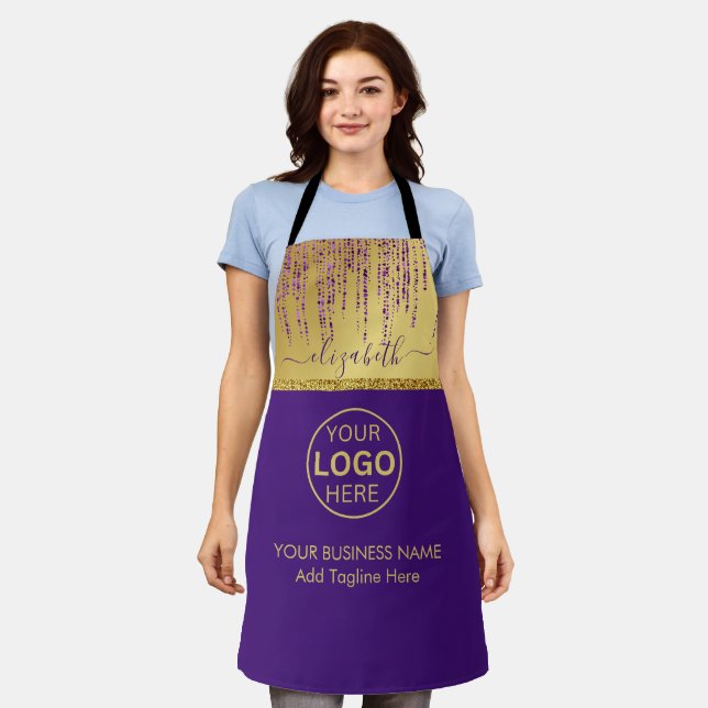 Holographic Signature Script Modern Gold Glitter Apron (Worn)