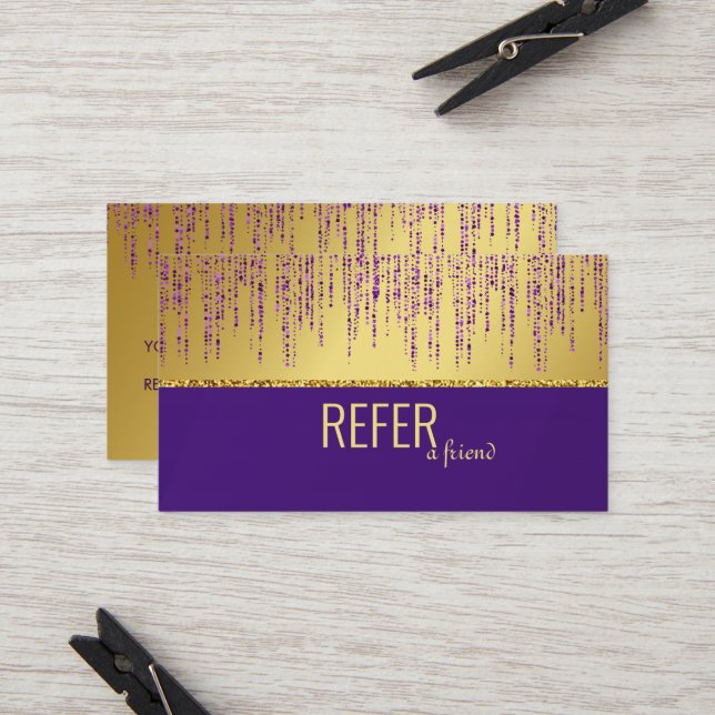 Holographic Signature Script Modern Gold Glitter Referral Card (Front/Back In Situ)