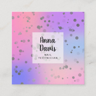 Holographic silver confetti dots nail technician square business card