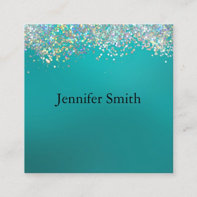 Holographic Silver Glitter Blue Makeup Artist Square Business Card (Front)
