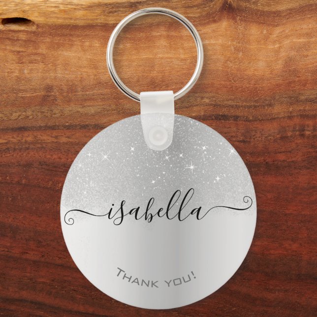 Holographic Silver Grey Ombre Glitter Rain Modern Key Ring (Front)