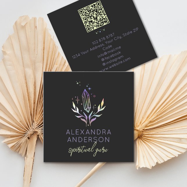 Holographic Spiritual Crystal Mystic Black QR Code Square Business Card (Holographic Spiritual Crystal Mystic Black QR Code Square Business Card)