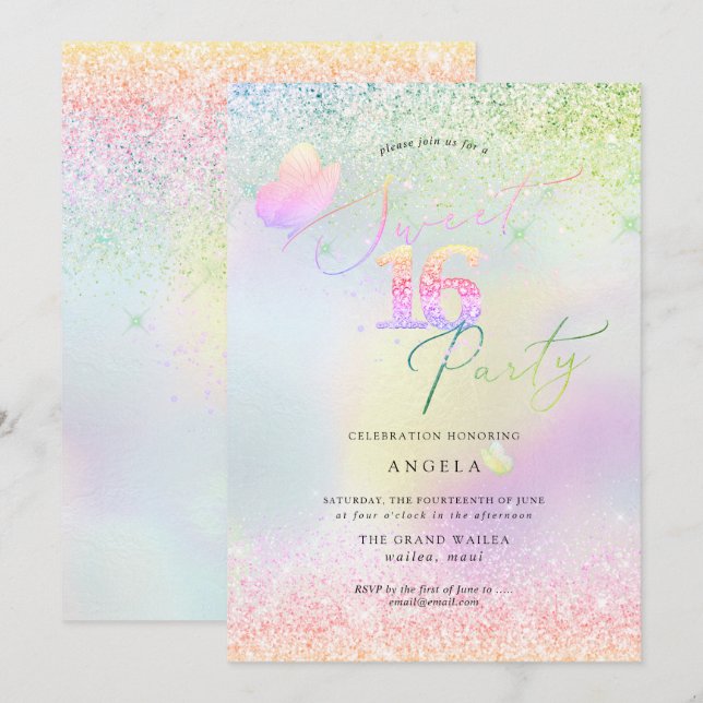 Holographic Sweet 16 Pink Diamond Glitters Invitation (Front/Back)
