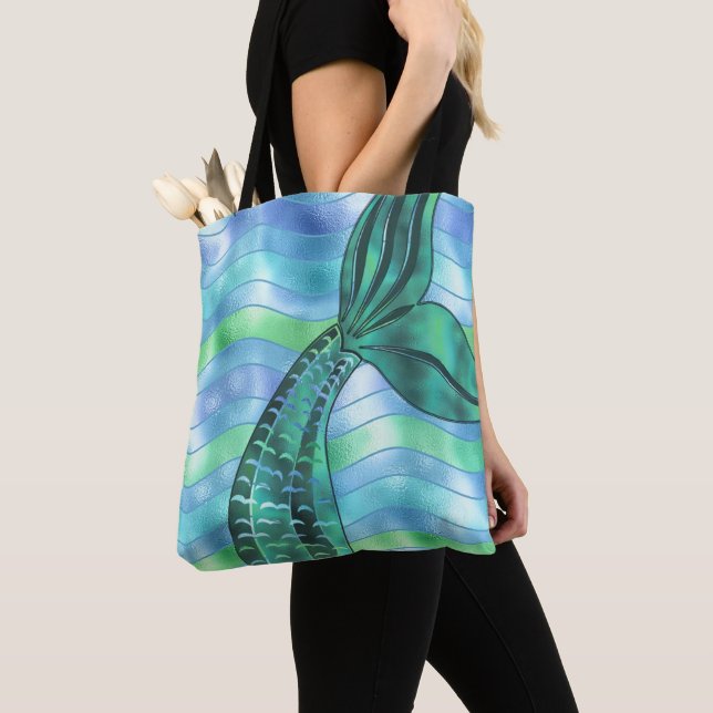 Holographic Teal Mermaid Tail Waves Fun Chic Beach Tote Bag (Close Up)