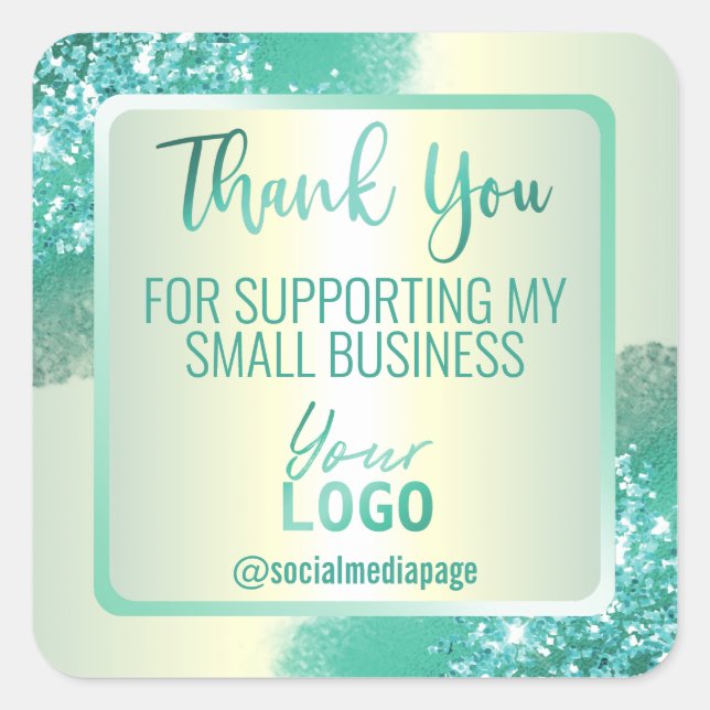 Holographic Teal Mint Thank You Business Logo Square Sticker (Front)