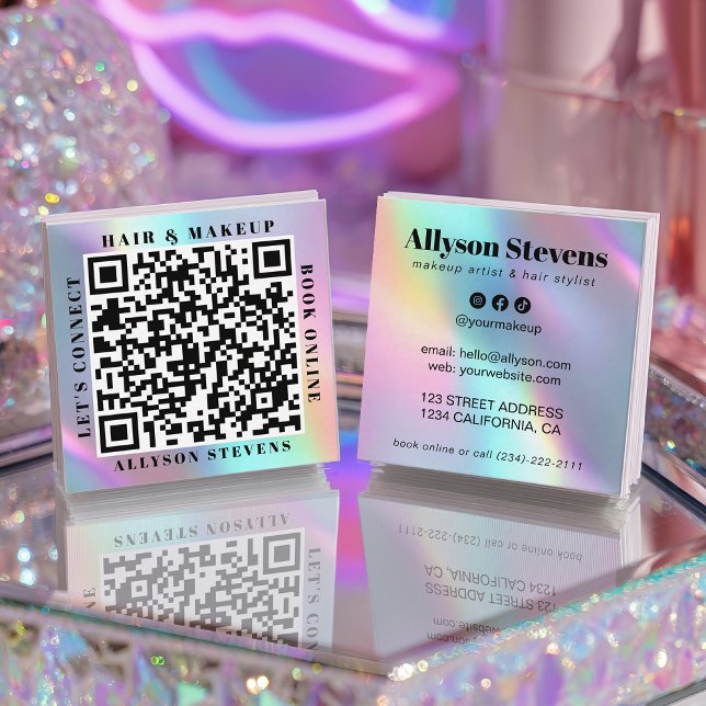Holographic Unicorn Bold QR Code Hair & Makeup Square Business Card (Holographic Unicorn Bold QR Code Hair & Makeup Square Business Card)