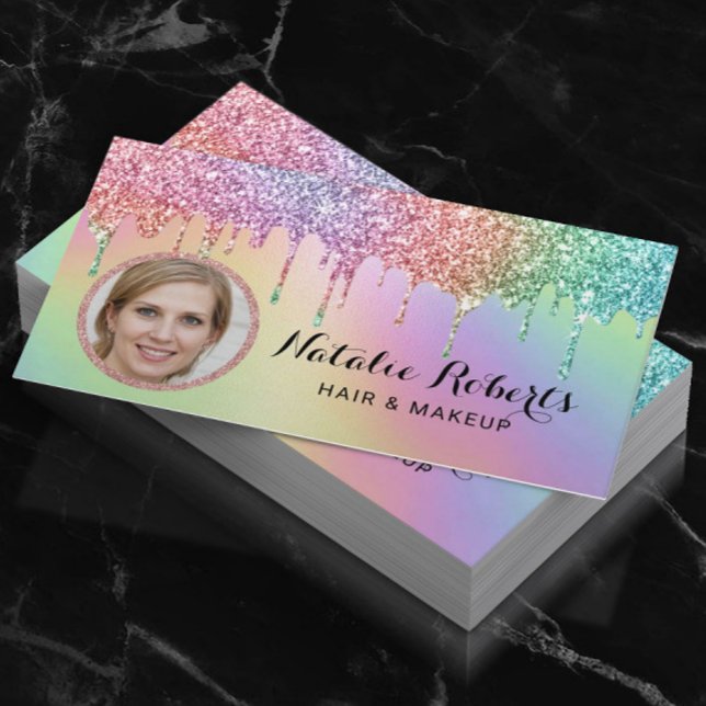 Holographic Unicorn Glitter Drips Beauty Photo Business Card (Creator Uploaded)