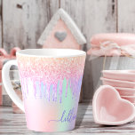 Holographic unicorn glitter drips rainbow name latte mug<br><div class="desc">A trendy holographic background with unicorn and rainbow pastel colors in pink, purple, rose gold, mint green. Decorated with faux glitter drips in rose gold, pink and purple. Personalize and add a name, written with a modern hand lettered style script with swashes. Purple colored letters. To keep the swashes only...</div>