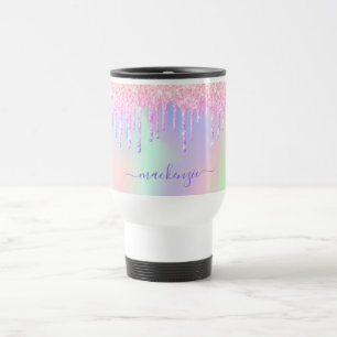 Holographic unicorn glitter rainbow name script travel mug