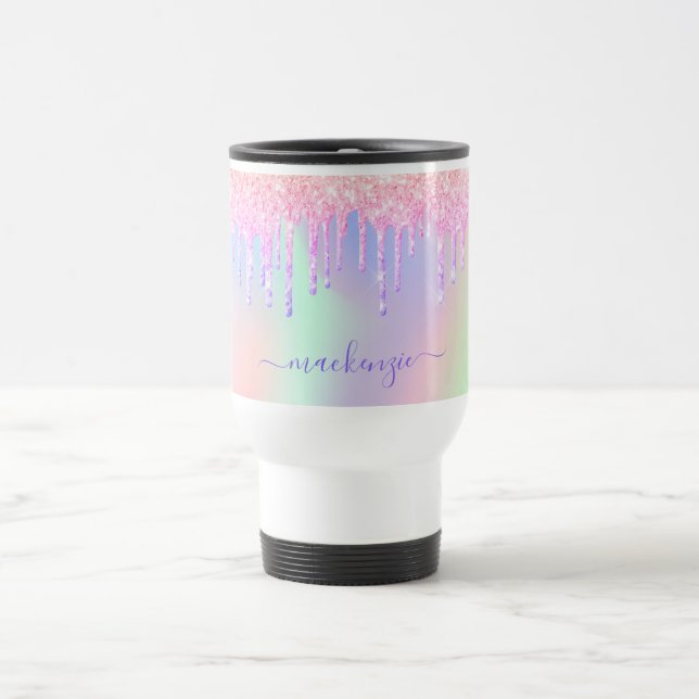 Holographic unicorn glitter rainbow name script travel mug (Center)