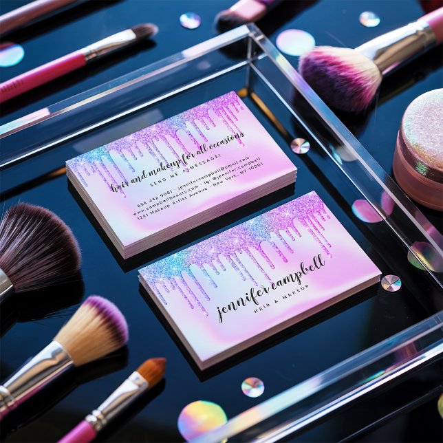 Holographic unicorn makeup hair pink glitter drips business card (Holographic unicorn makeup hair pink glitter drips)