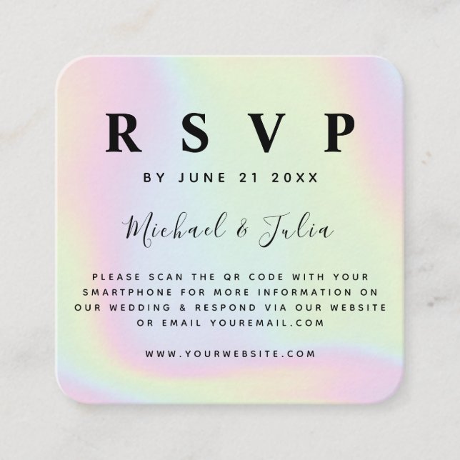 Holographic Unicorn Pastel QR Code Wedding RSVP Enclosure Card (Front)
