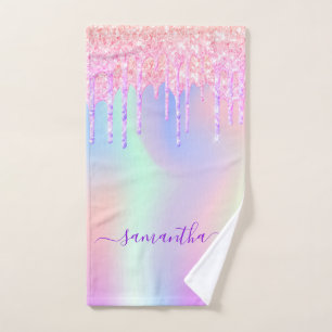 Holographic unicorn rainbow glitter drips name bath towel set