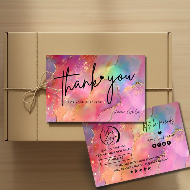 Holographic Watercolor Thank You Card Gold Accents (#holographic #thankyoucard #watercolorart #smallbusinesspackaging
#businesscarddesign #goldfoilstyle)