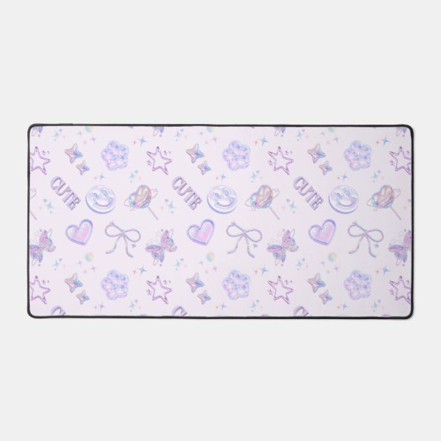 Holographic Y2K Cute Pastel Purple Smile Pattern Desk Mat (Front)