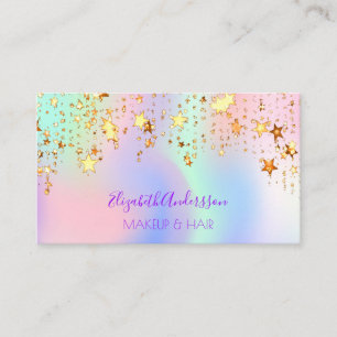 Holograpic unicorn pink glam makeup hair stars business card