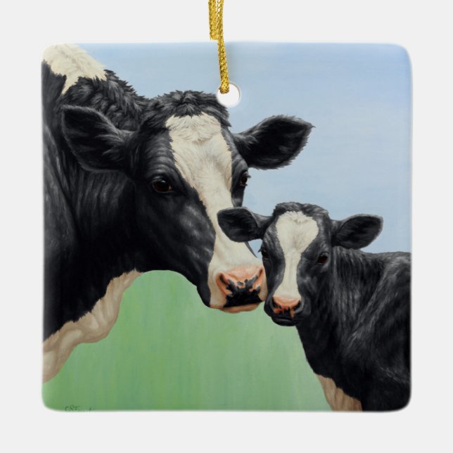 Holstein Cow and Calf Ceramic Tree Decoration (Front)
