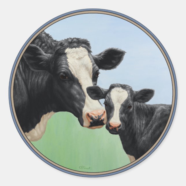 Holstein Cow and Calf Classic Round Sticker (Front)