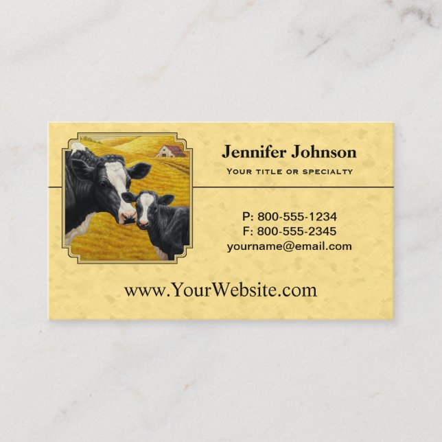 Holstein Cow and Calf Farm Yellow Business Card (Front)