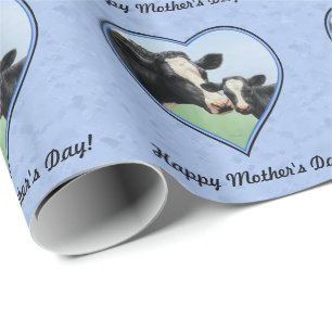 Holstein Cow and Cute Calf Blue Heart Wrapping Paper